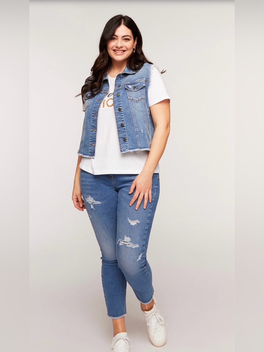 Sleeveless denim vest and crop top, size XL